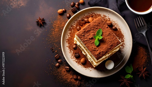 Exquisite Tiramisu Delight with Coffee Beans and Spices on a Dark Background