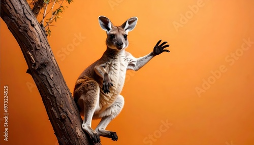 Playful kangaroo perched on a tree, reaching out against orange background