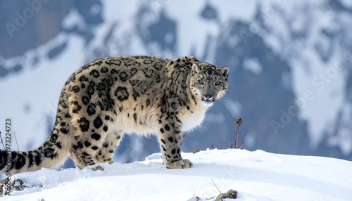 Majestic Snow Leopard Prowling Through Snowy Mountain Landscape.