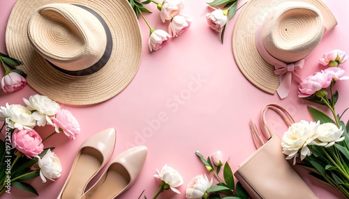 Elegant summer essentials, straw hats, pastel shoes, bag and peonies on pink
