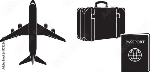 travel icons airplane suitcase passport silhouette set black
