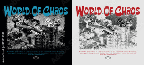 Vector illustration of a black t-shirt design showing a crashing drone missile over burning buildings. aerial defense, unmanned interception, military technology, attack prevention, security response