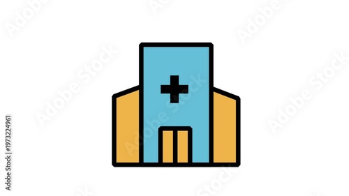 Animated hospital building entrance icon with medical cross for healthcare infrastructure and emergency clinic facilities.