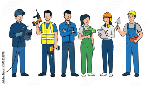 Six different construction and industrial workers are shown wearing their specific work uniforms and tools