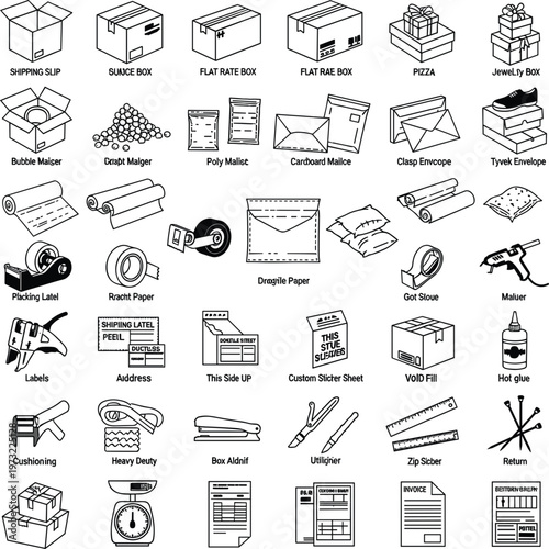 Packaging and Shipping Materials Icon Set with Boxes, Bubble Wrap, Labels, Tape, and Delivery Supplies for Logistics and E-commerce Designs