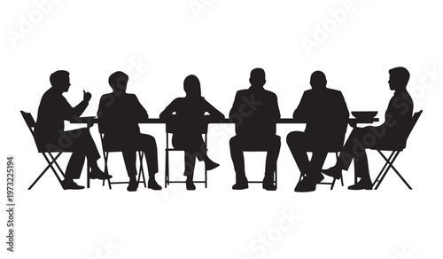 Six diverse people silhouettes are sitting at a long table engaged in a lively business discussion or meeting