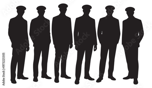 Six distinguished gentlemen silhouettes standing upright wearing formal suits and classic hats on a white background