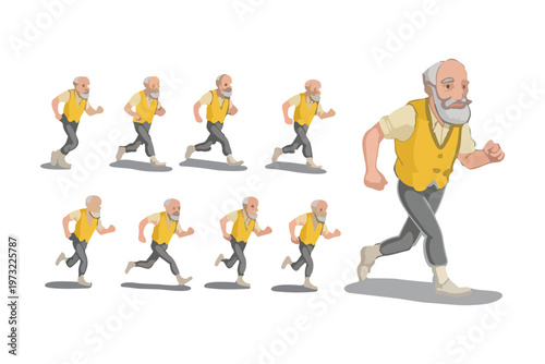 Stages of an active older man with a beard running briskly in a yellow vest and grey trousers