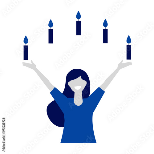 Vector of a woman juggling five lit candles with a joyful expression