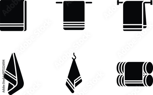 Towel Icons Set Bathroom Kitchen Fabric Hanging Rolled Black Silhouettes vector illustration