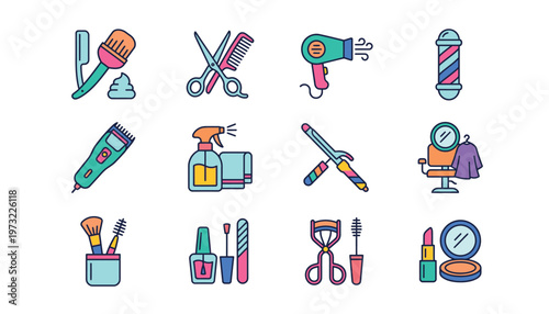 Colorful icons of beauty and makeup tools.