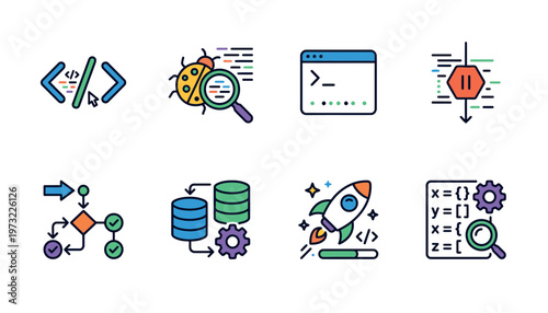 Collection of colorful coding and development icons.