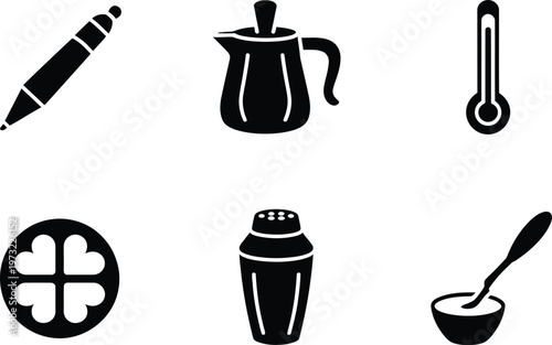 Assortment of Six Black Kitchen and Bar Utensil Icons writing coffee pot