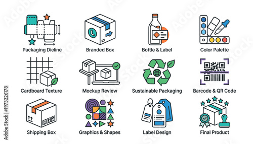 Eco-friendly packaging design elements icons.