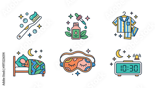 Colorful icons for daily bedtime routine.