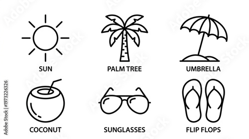 Flat lay illustration of summer vacation icons including sun, palm tree, umbrella, coconut, sunglasses, flip flops on white background