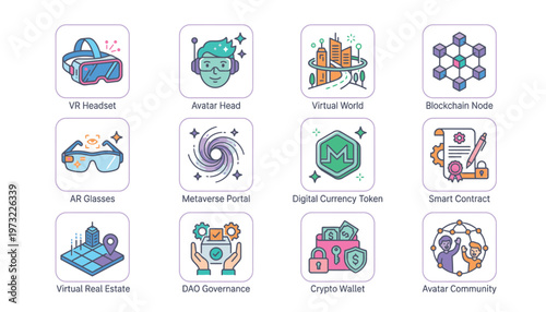 Cryptocurrency and virtual reality icons.