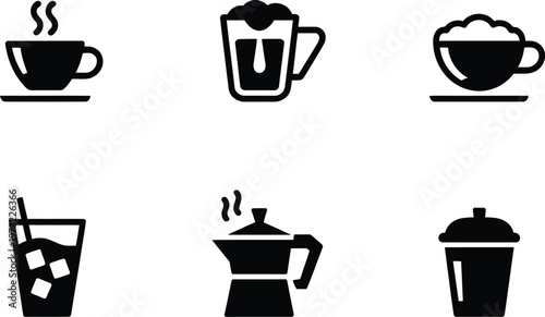 Six Black Coffee Icons Cup Mug Glass Moka Pot To Go Cup hot drink