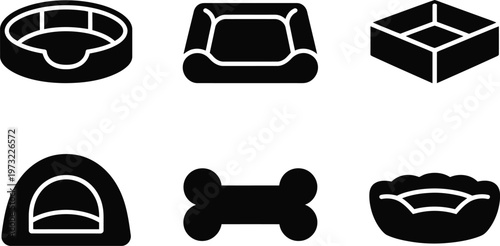 Six Black Silhouette Icons of Pet Beds and Accessories on White Background Keywords: pet bed, dog