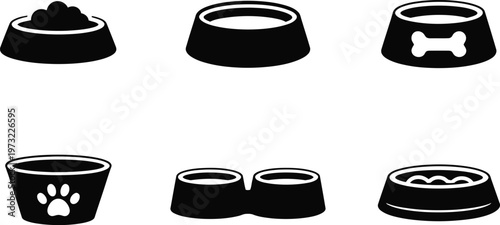 Six Black Silhouette Icons of Pet Food Bowls and Water Bowls on White Background Keywords: pet food