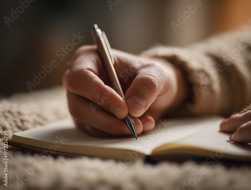 Close up of a hand holding a pen and writing in an open notebook finger