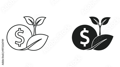 Tablou pe pânză Two black and white icons depicting a dollar coin with a sprouting plant symboli