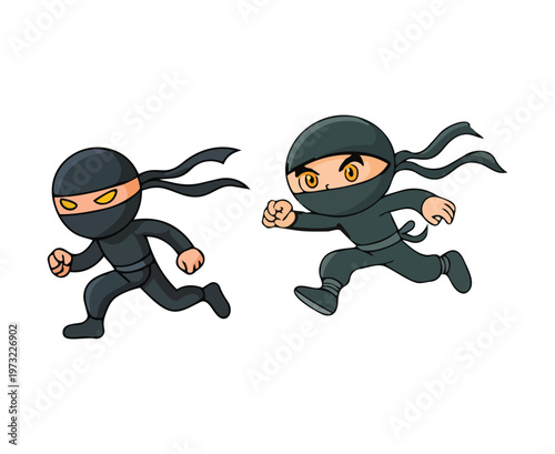 Two energetic cartoon ninja characters are depicted running quickly in different directions