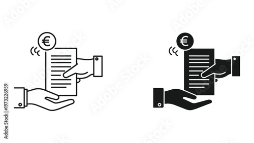 Two hands exchanging documents with euro symbols representing financial transactions and agreements