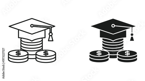 Two graduation caps with stacks of coins and dollar sign symbols representing education and financial gain in black and white line art