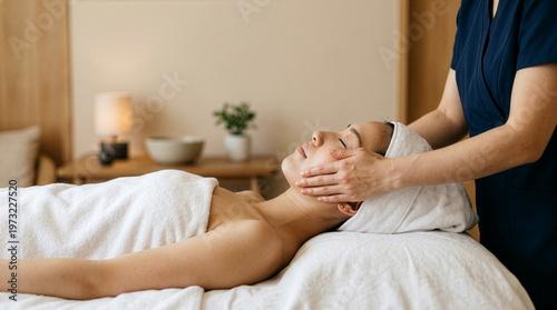 Japanese woman relaxing on spa bed receiving facial massage with eyes closed