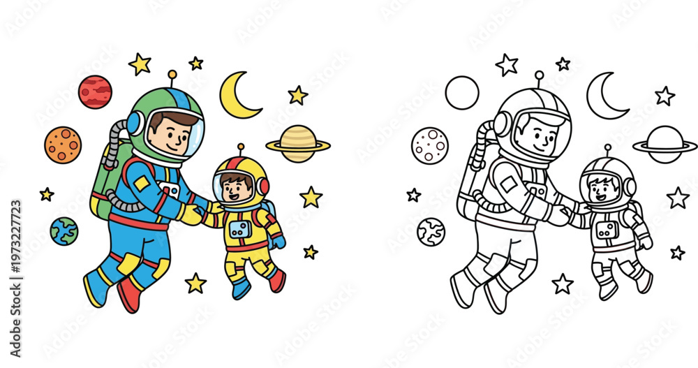 Fototapeta premium Astronaut Father and Son Floating in Space with Planets and Stars, Including Colored Version and Black and White Line Art Coloring Page