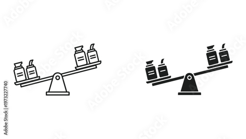 Two black and white illustrations of a seesaw balancing bottles with labels on each side