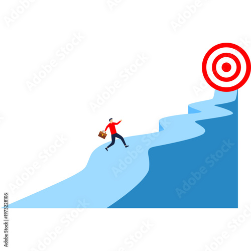 Ambition and focus, man walking on winding path leading to bullseye target, success, progress
