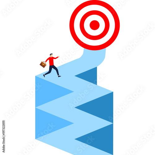 Ambition and focus, man walking on winding path leading to bullseye target, success, progress
