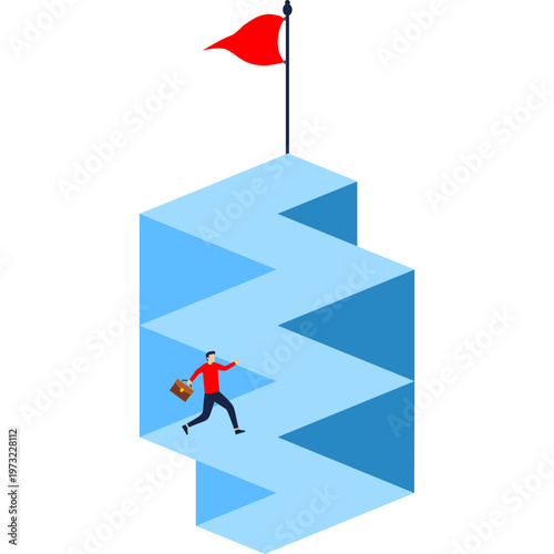 Man walking toward a rising zigzag path with a red flag on top, challenge, ambition, perseverance, journey, growth, determination
