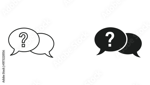Two sets of speech bubbles with question marks in black and white on a plain background