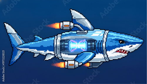 Cybernetic Shark with Jet Engine Rocket Propulsion Pixel Art