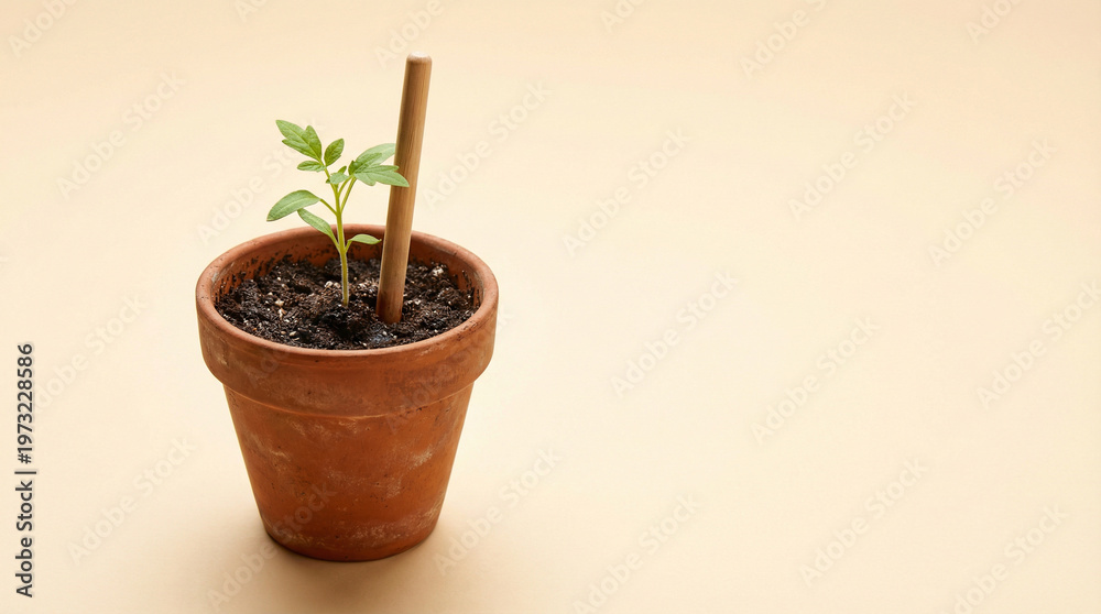 Fototapeta premium Green seedling in terracotta pot with wooden stake on beige surface smart agriculture growth concept.