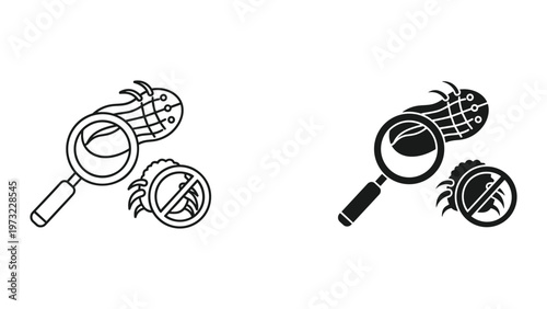 A set of black and white illustrations depicting lice and magnifying glasses with a prohibition symbol