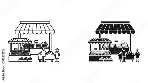 A black and white illustration of two market stalls with customers and vendors selling fresh produce under awnings
