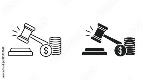 Two black and white line icons depicting a gavel striking a coin next to stacks of coins on a sound block