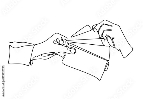 Continuous line drawing of a hand giving a dollar bill to another hand. No editable stroke