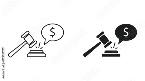 Two gavel icons with dollar sign speech bubbles representing law and finance concepts in black and white