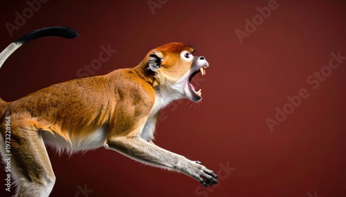 Close-up of a Patas Monkey in motion, mouth open in a vocalization.