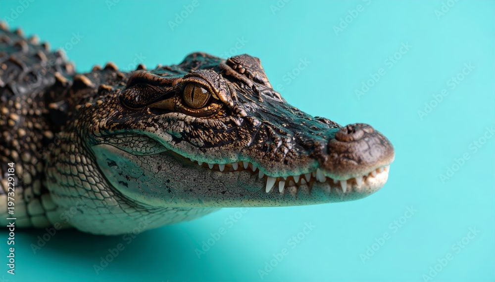 Obraz premium Close-up of an Alligator Head with Sharp Teeth on a Teal Background