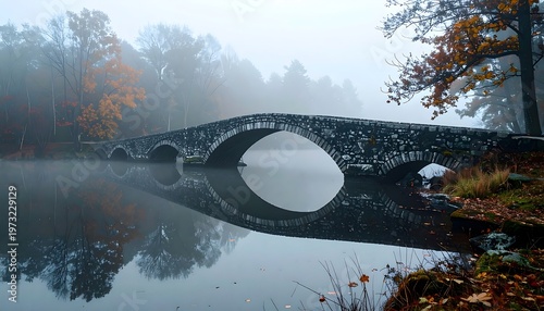 Stone Arch Bridge Reflecting in Misty Lake During Autumn Morning.
