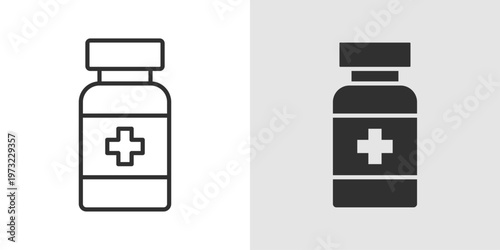 Medicine Bottle Icon representing pharmaceuticals, medication storage, and healthcare treatment.