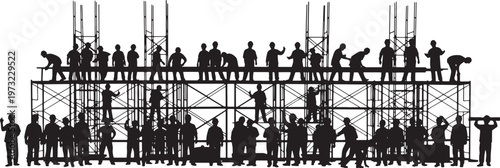 construction workers on scaffolding teamwork vector illustration flat design