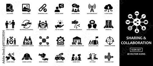 Sharing and collaboration solid icon set. Featuring file sharing, cloud data, open source, book lending, and carpooling. Black vector glyphs for business and digital platforms.