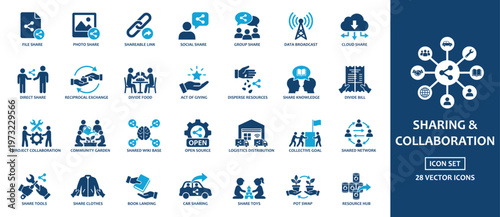 Sharing and collaboration solid icon set. Features file transfer, cloud broadcast, open source, carpool, and knowledge exchange. Blue vector graphics for community network projects.